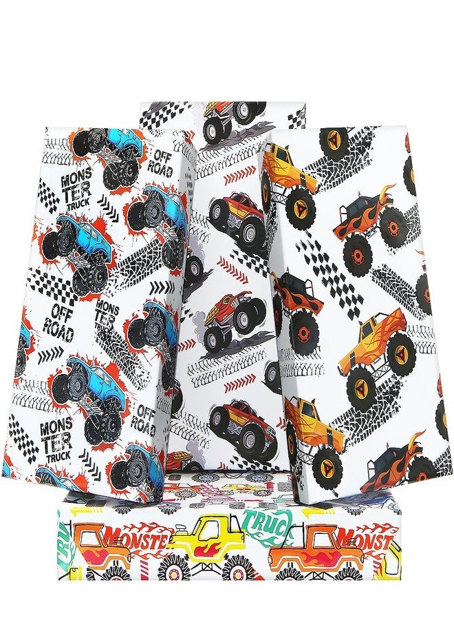 Geluode Monster Trucks Wrapping Paper, Dune Buggy Off Road Vehicles Racing Car Jumping Adventure Wrapping Paper,4 Sheets Folded Flat 28x20 inch Gift Paper for Boys Girls Kids Birthday Party - Image 1
